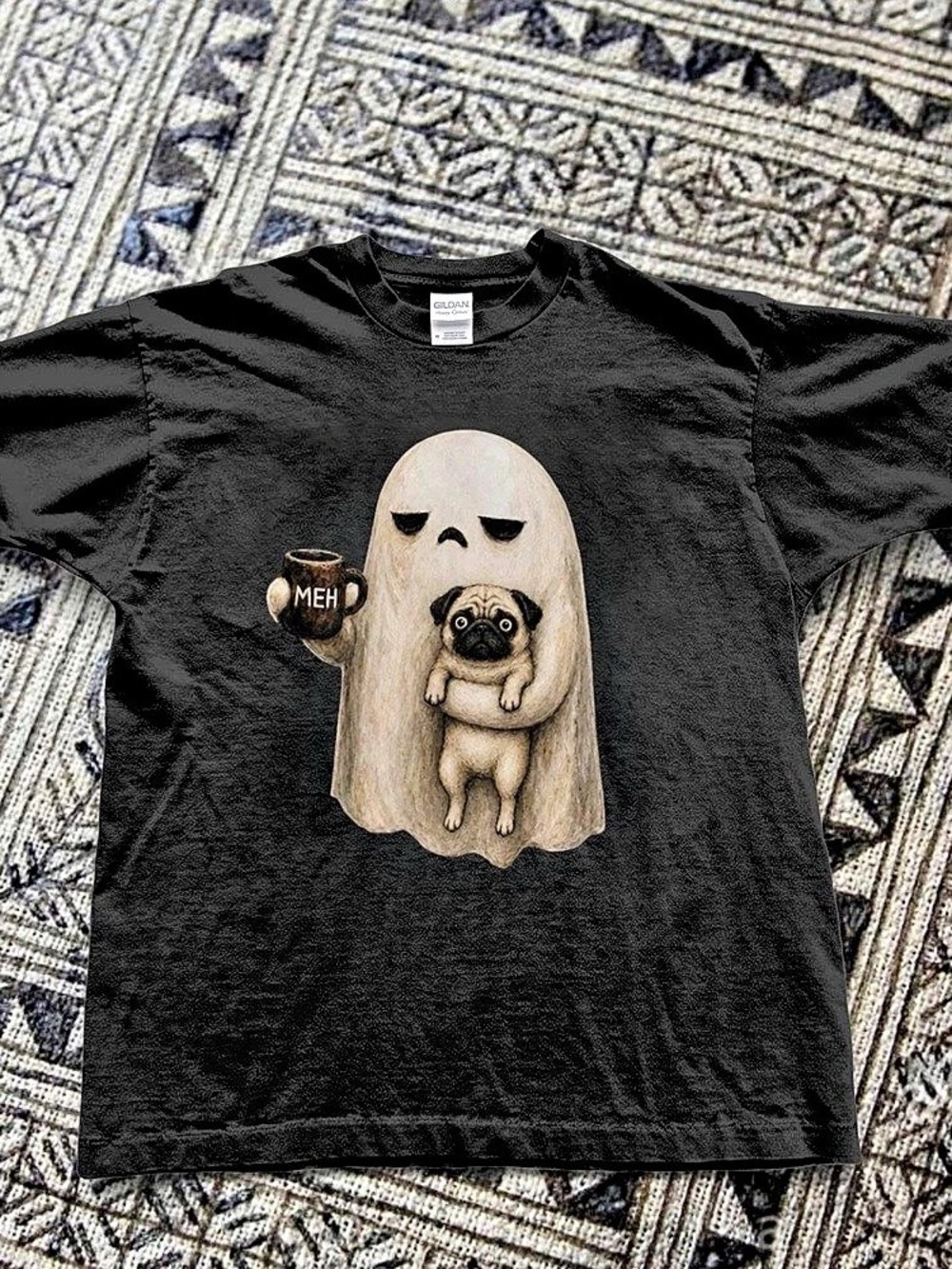 Grumpy Ghost Pug T-shirt, Funny Meh Coffee Halloween Tee, Spooky Pug Lover Gilda